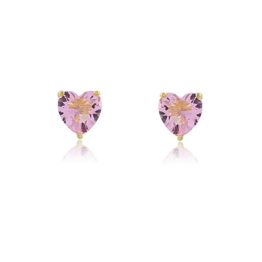 Brinco coração com zircônia rosa